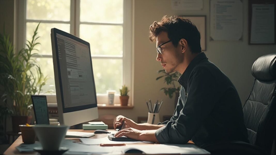 Un jeune homme concentré sur son ordinateur dans son bureau